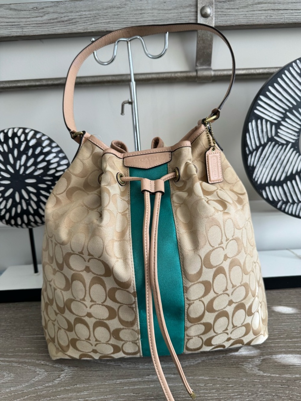 Coach Beige Signature Canvas Shoulder Bag with Teal Stripe